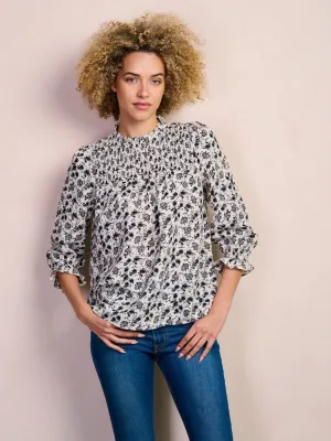 WOMEN'S 3/4 SLEEVE SMOCK MOCK NECK FLORAL BLOUSE TOP