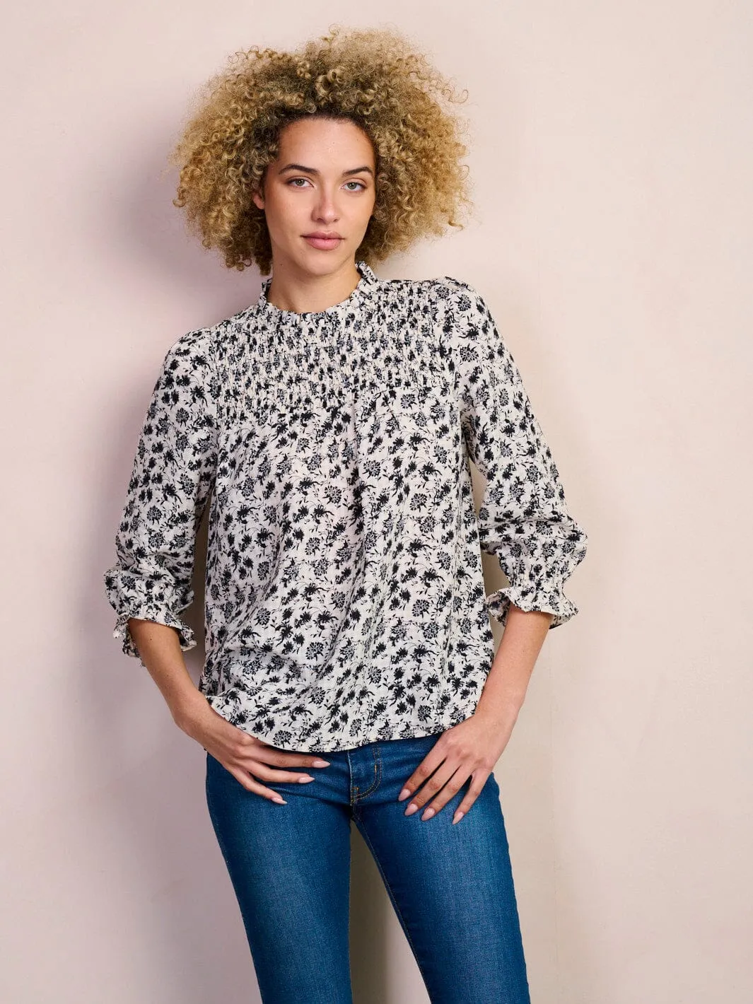WOMEN'S 3/4 SLEEVE SMOCK MOCK NECK FLORAL BLOUSE TOP