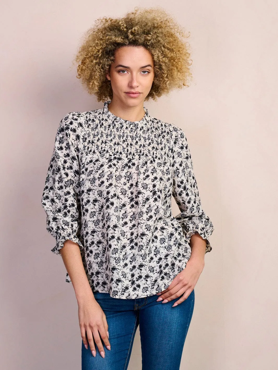WOMEN'S 3/4 SLEEVE SMOCK MOCK NECK FLORAL BLOUSE TOP