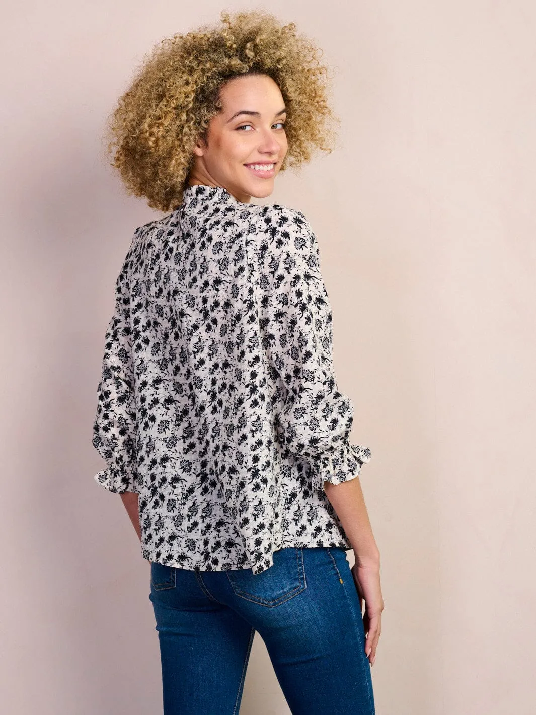 WOMEN'S 3/4 SLEEVE SMOCK MOCK NECK FLORAL BLOUSE TOP