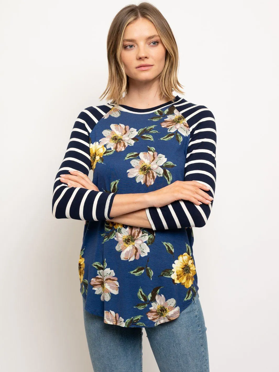 WOMEN'S BASEBALL TEE 3/4 SLEEVE STRIPES FLORAL BODY TOP