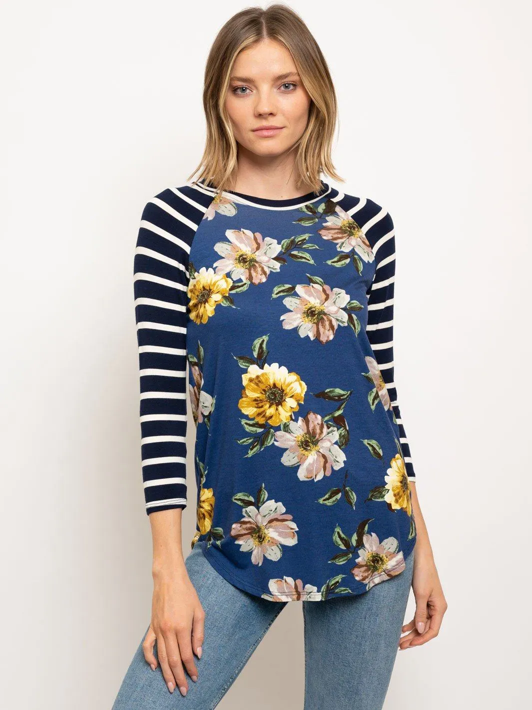 WOMEN'S BASEBALL TEE 3/4 SLEEVE STRIPES FLORAL BODY TOP