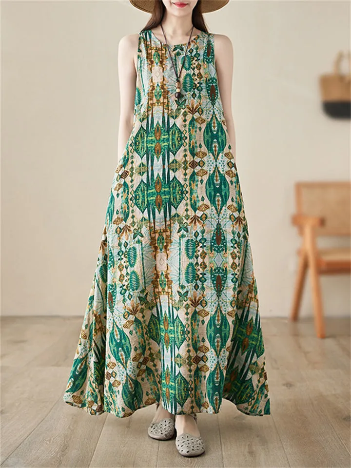 Women's Boho Style Round Neck Sleeveless Printed Dress