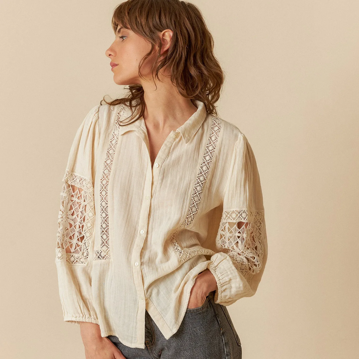 Women's Cotton Openwork Detail Shirt - Crudo