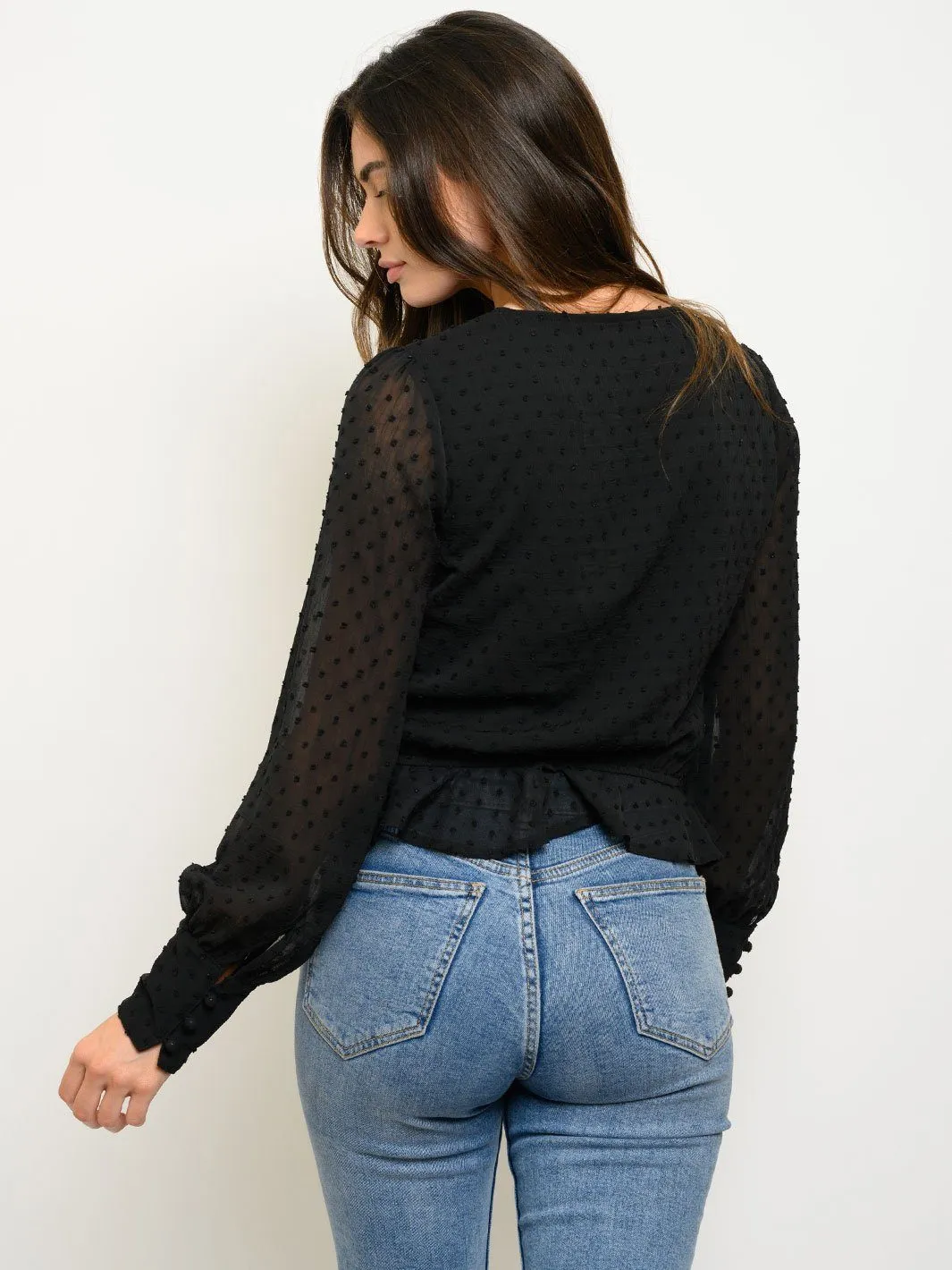 WOMEN'S DOTTED CHIFFON RUFFLE TOP