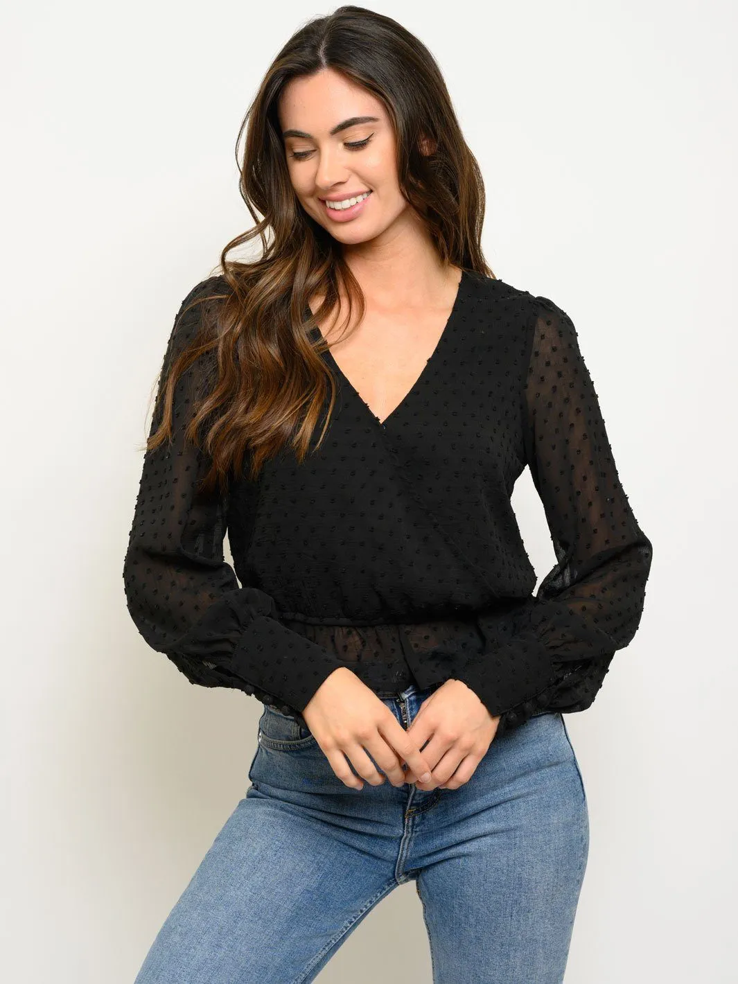 WOMEN'S DOTTED CHIFFON RUFFLE TOP