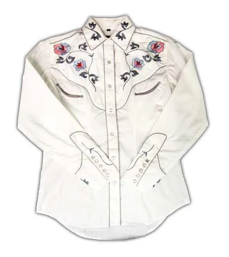 Women's Embroidered Western Shirt: White Horse Floral Design