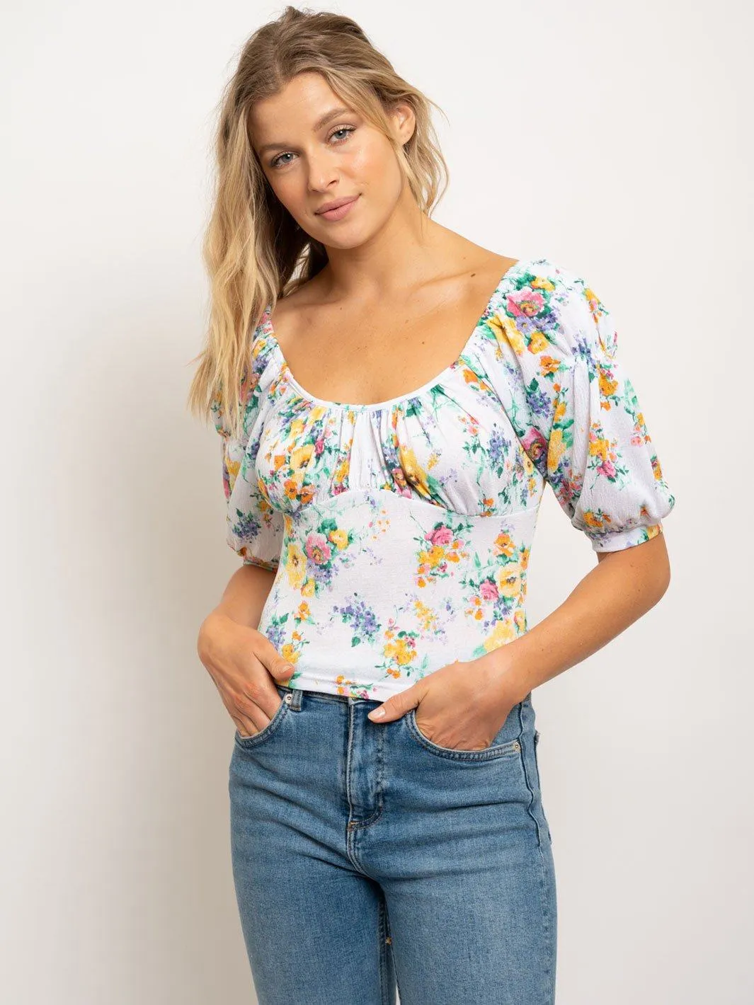 WOMEN'S EMPIRE BUST PUFFED SLEEVES FLORAL TOP