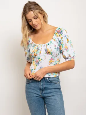 WOMEN'S EMPIRE BUST PUFFED SLEEVES FLORAL TOP