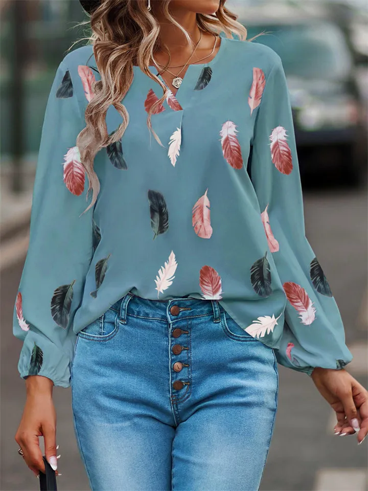 Women's Feathers Printed V Neck Puff Sleeve Chiffon Blouses