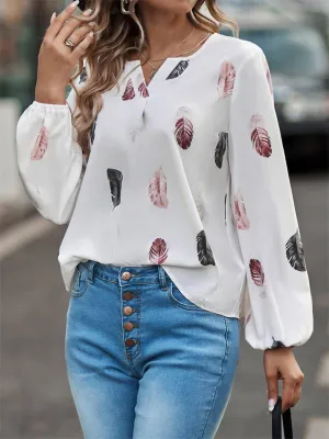 Women's Feathers Printed V Neck Puff Sleeve Chiffon Blouses