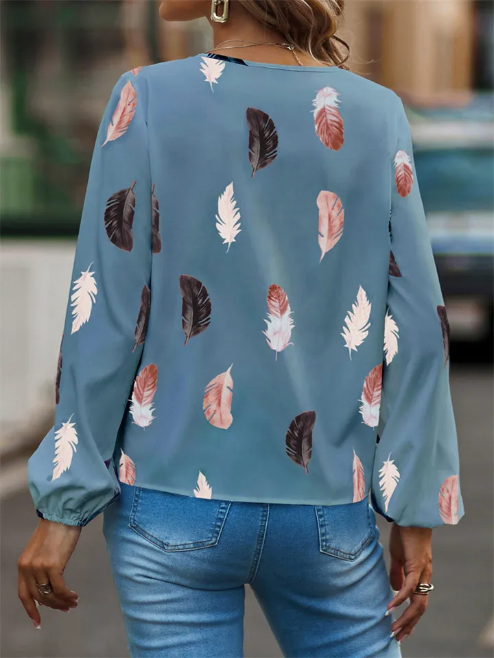 Women's Feathers Printed V Neck Puff Sleeve Chiffon Blouses