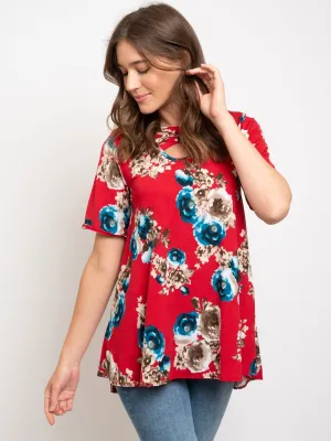 WOMEN'S FLORAL FRONT CROSS TUNIC TOP