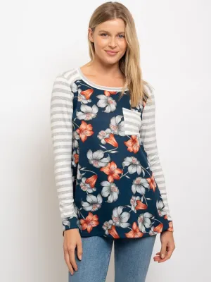 WOMEN'S FLORAL PRINT STRIPE CONTRAST TOP