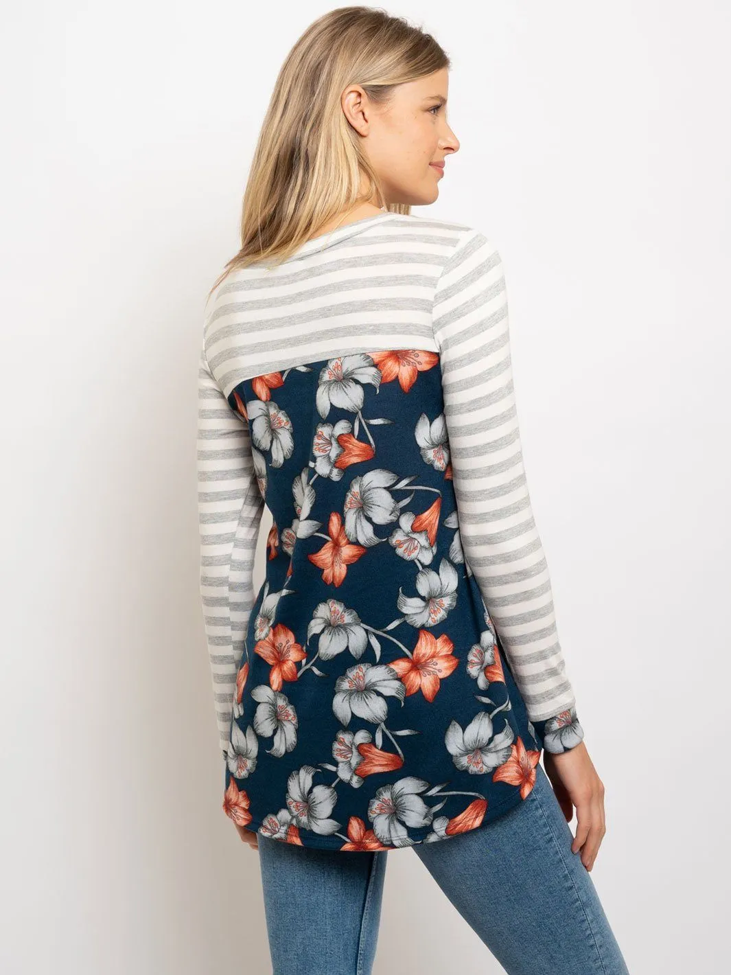WOMEN'S FLORAL PRINT STRIPE CONTRAST TOP