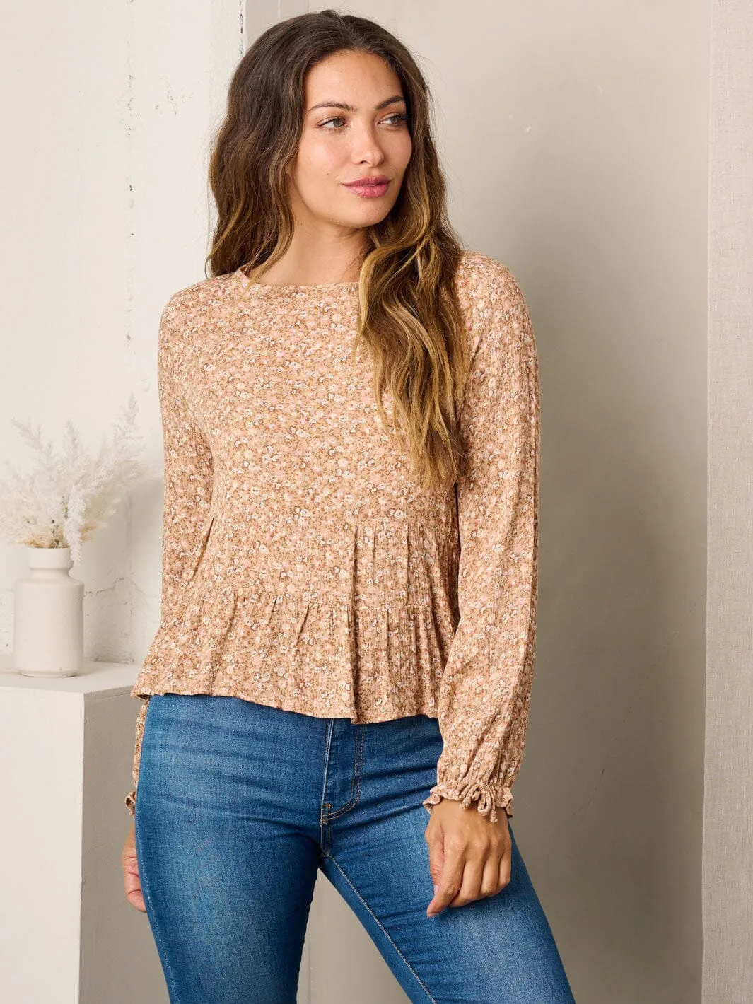 WOMEN'S LONG SLEEVE FLORAL PEPLUM BLOUSE TOP