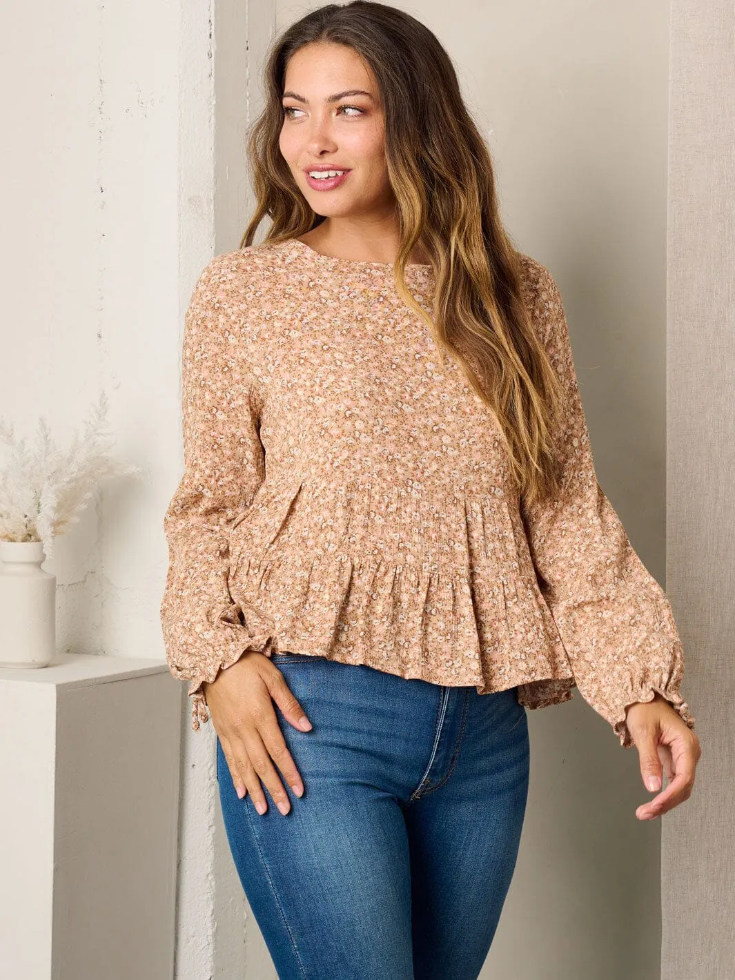 WOMEN'S LONG SLEEVE FLORAL PEPLUM BLOUSE TOP