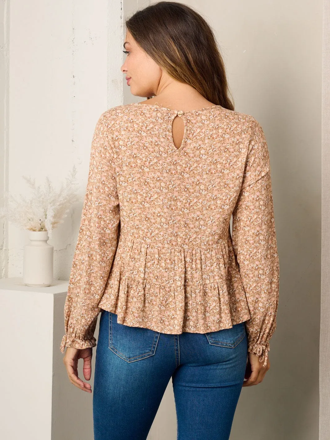 WOMEN'S LONG SLEEVE FLORAL PEPLUM BLOUSE TOP
