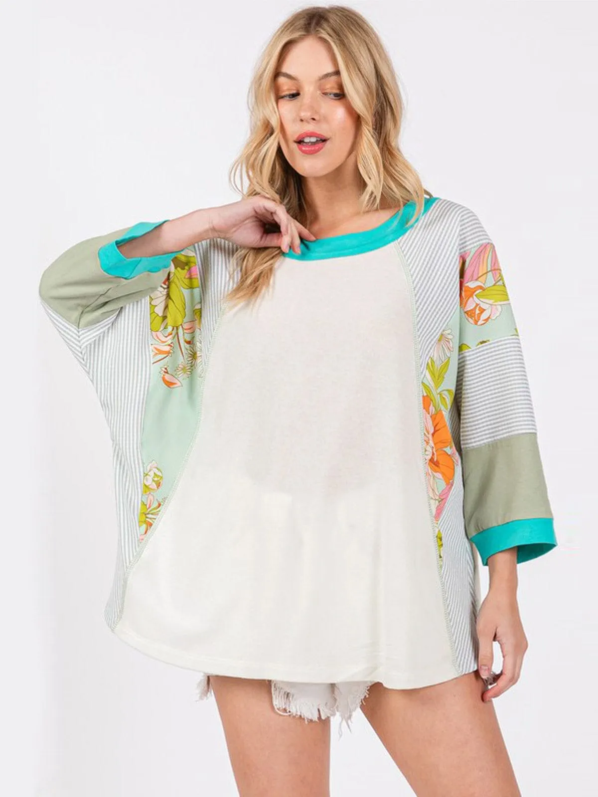 WOMEN'S LONG SLEEVE FLORAL PRINT TUNIC COLORBLOCK BLOUSE