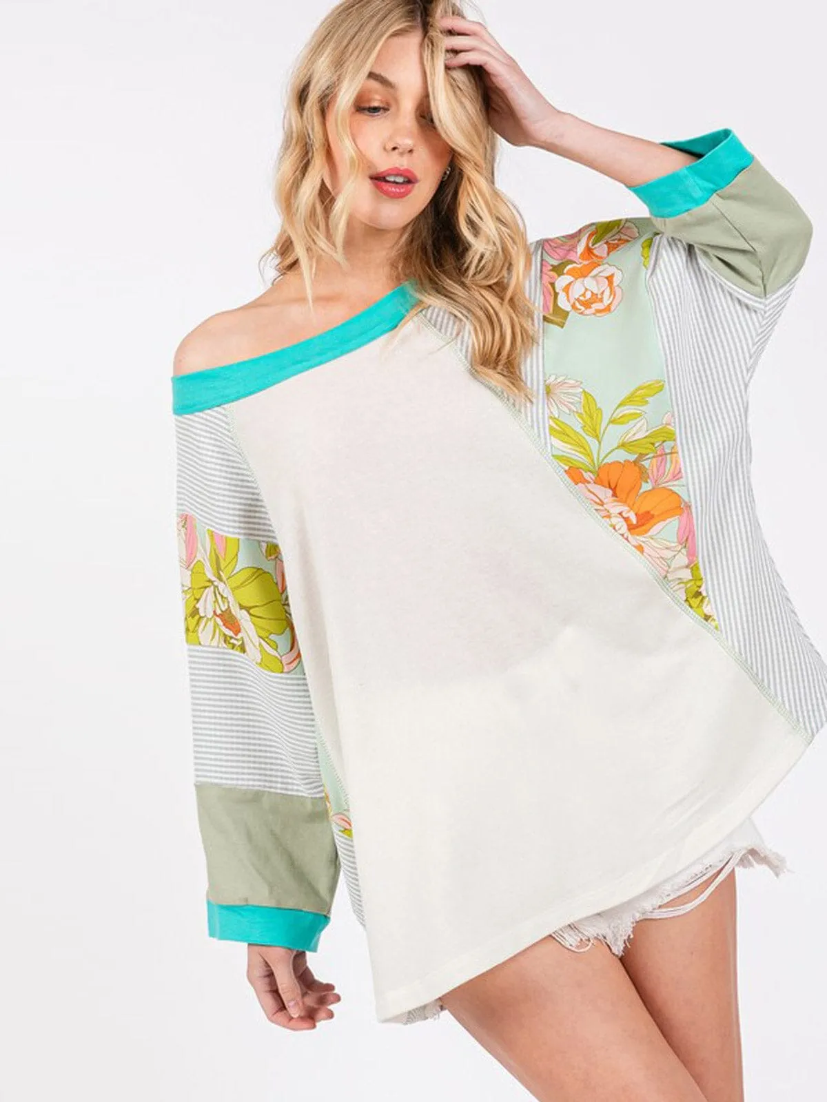 WOMEN'S LONG SLEEVE FLORAL PRINT TUNIC COLORBLOCK BLOUSE