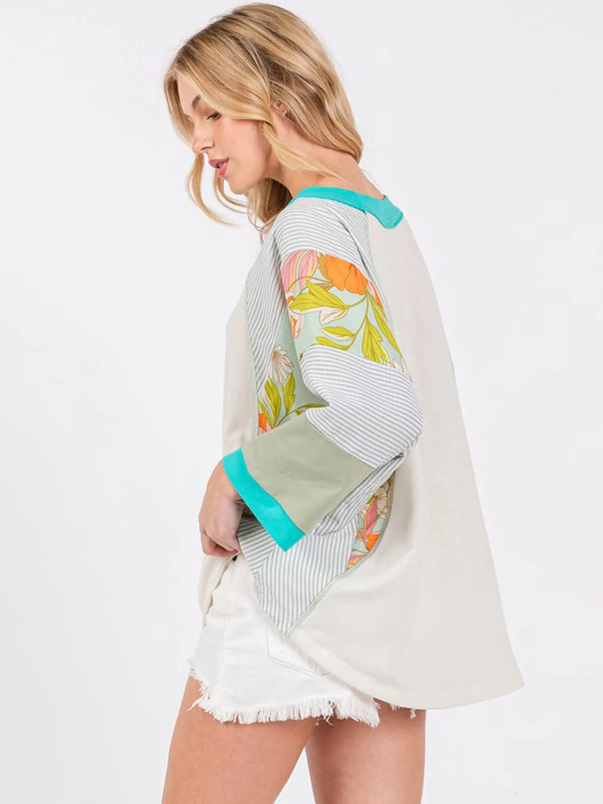 WOMEN'S LONG SLEEVE FLORAL PRINT TUNIC COLORBLOCK BLOUSE