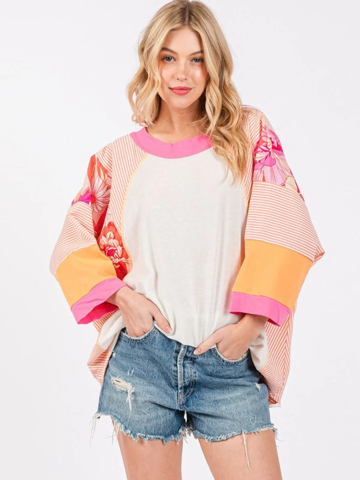 WOMEN'S LONG SLEEVE FLORAL PRINT TUNIC COLORBLOCK BLOUSE