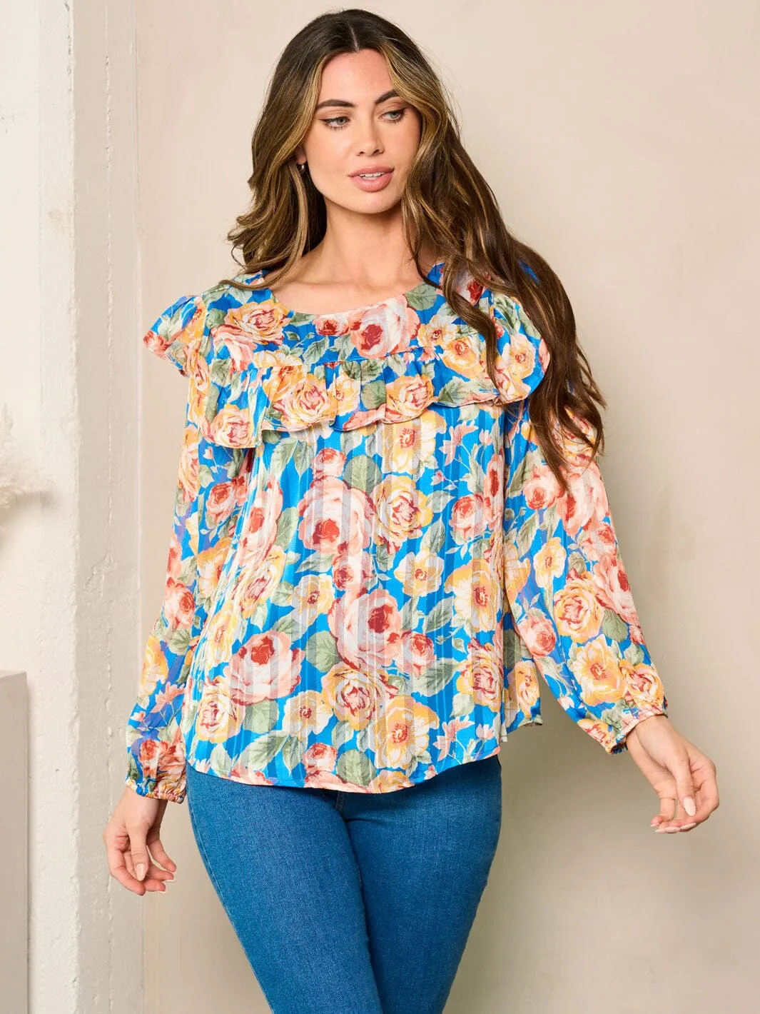 WOMEN'S LONG SLEEVE FLORAL RUFFLE TOP