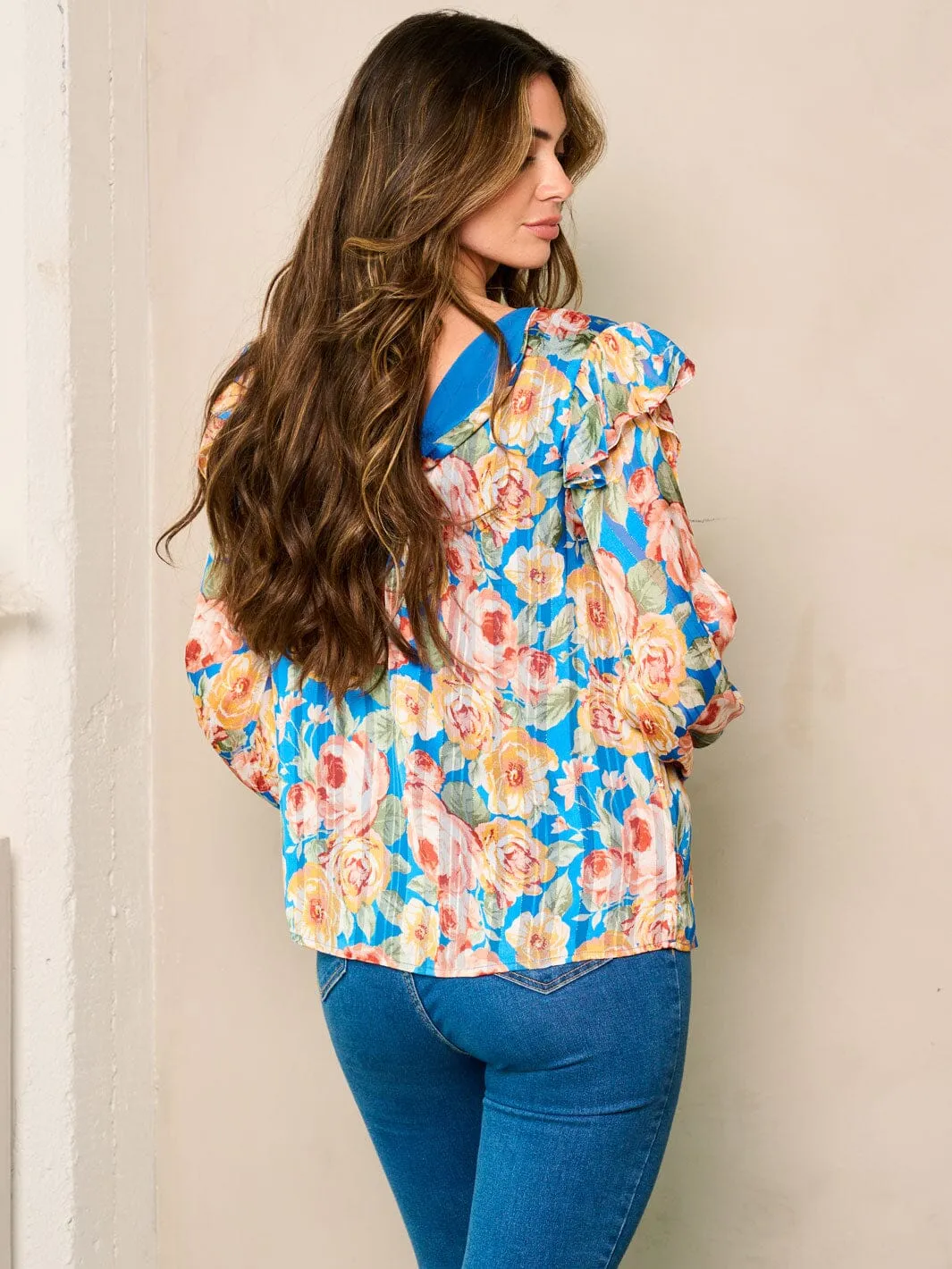 WOMEN'S LONG SLEEVE FLORAL RUFFLE TOP