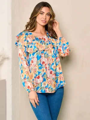 WOMEN'S LONG SLEEVE FLORAL RUFFLE TOP