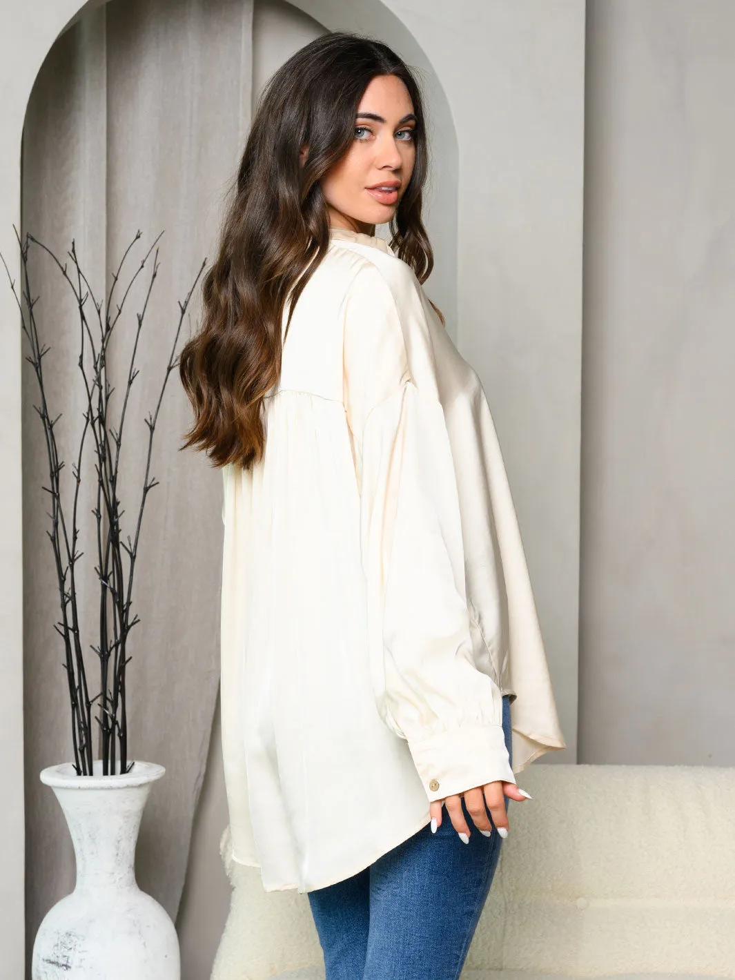 WOMEN'S LONG SLEEVE SATIN BUTTON DOWN SHIRRED BACK BLOUSE TOP