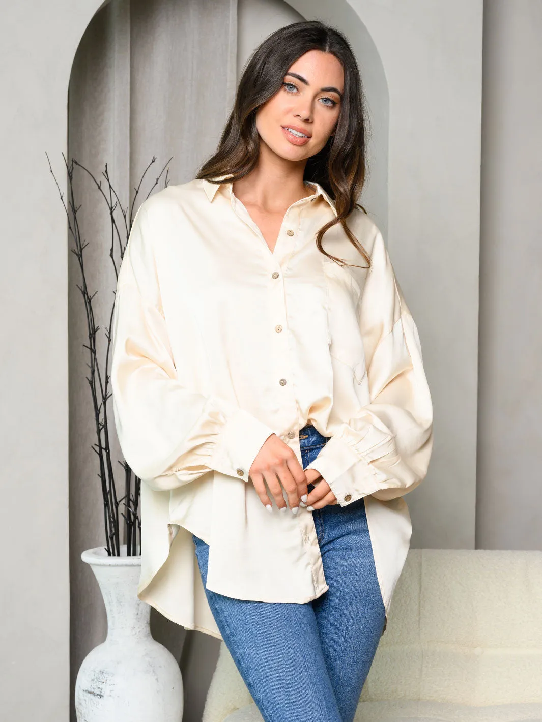 WOMEN'S LONG SLEEVE SATIN BUTTON DOWN SHIRRED BACK BLOUSE TOP