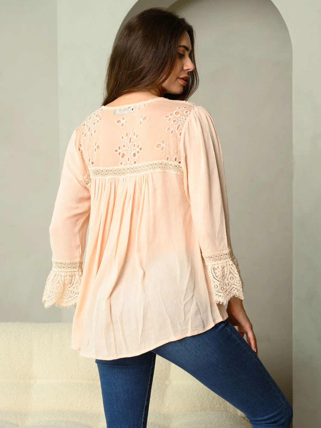WOMEN'S LONG SLEEVE SHEER EYELET BUTTON DOWN TOP