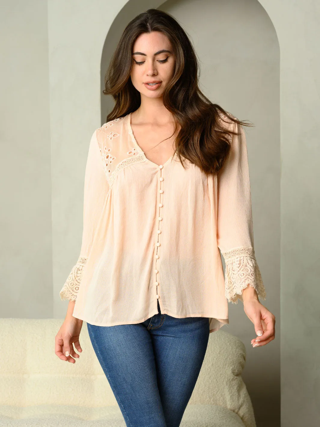 WOMEN'S LONG SLEEVE SHEER EYELET BUTTON DOWN TOP