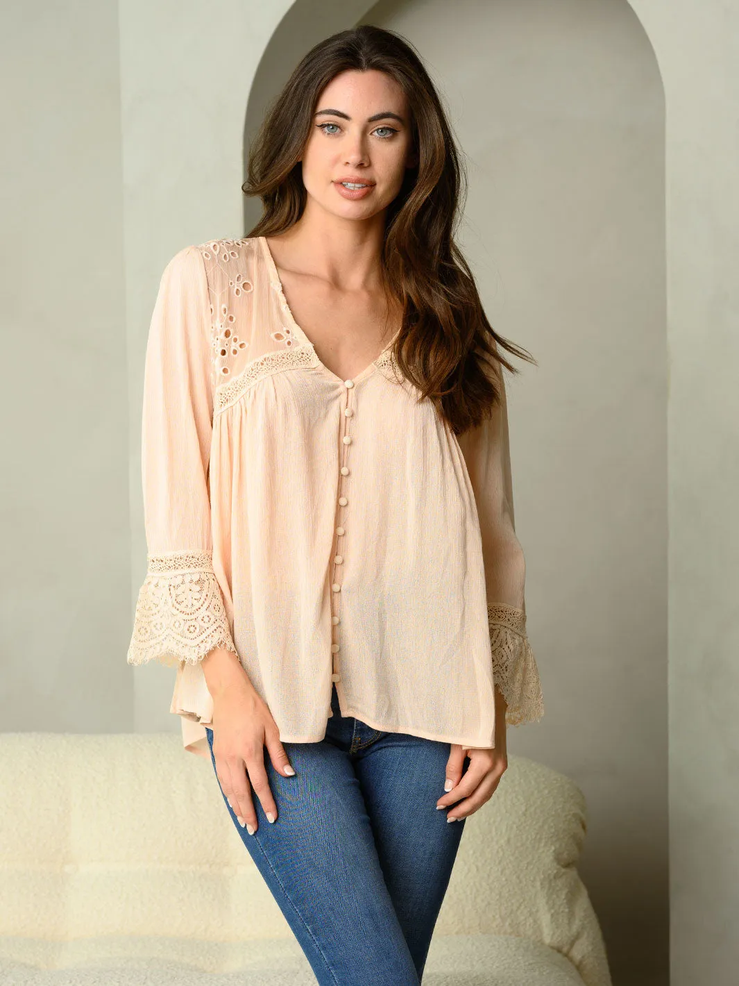 WOMEN'S LONG SLEEVE SHEER EYELET BUTTON DOWN TOP