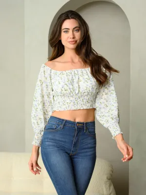 WOMEN'S LONG SLEEVE SMOCK FLORAL CROP TOP