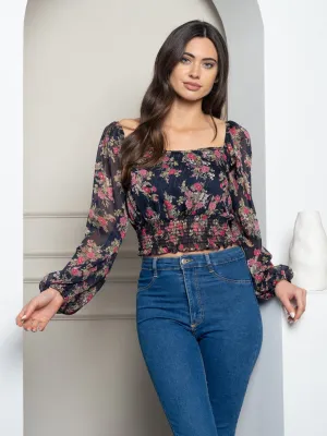 WOMEN'S LONG SLEEVE SMOCK FLORAL TOP