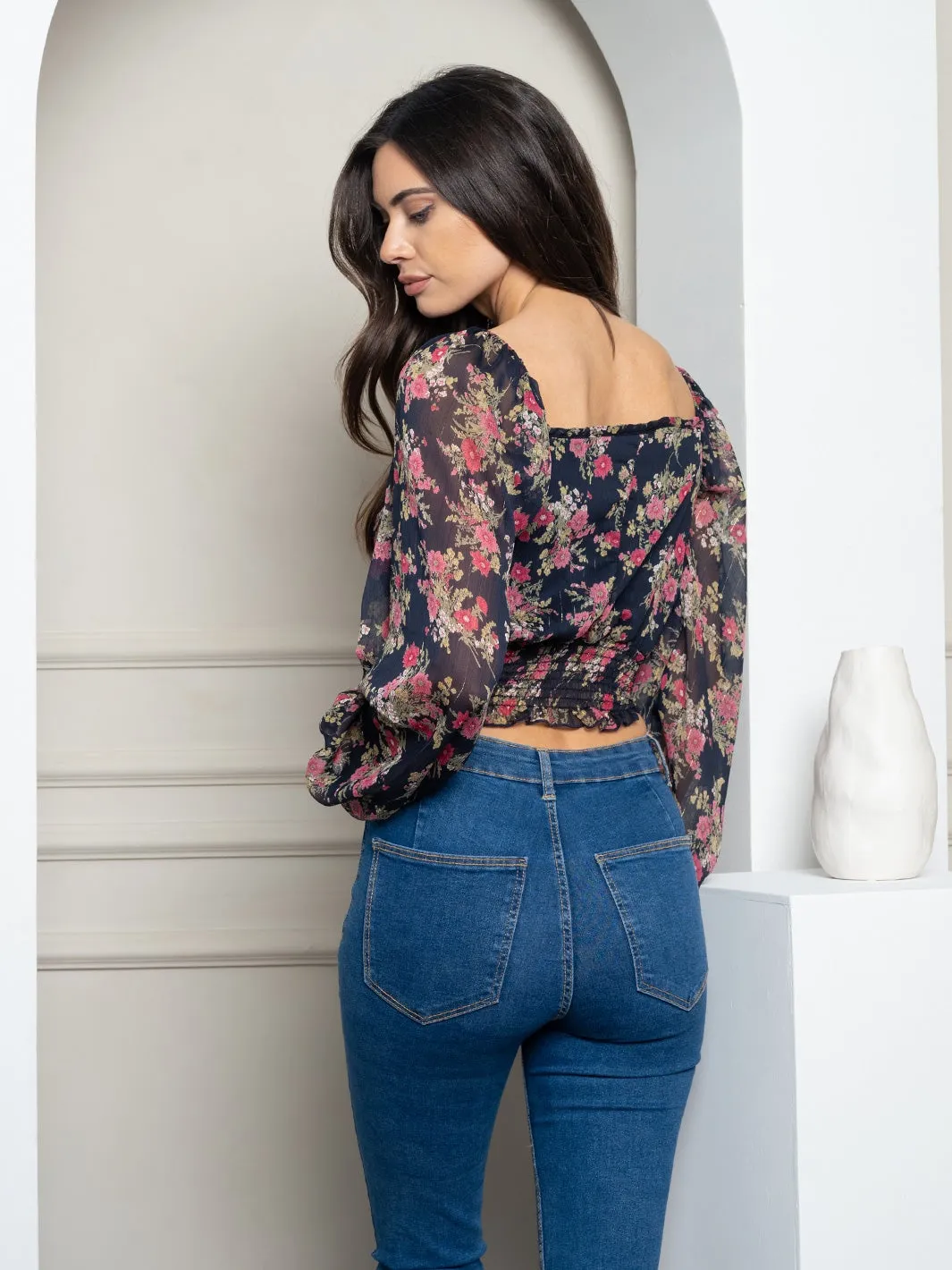 WOMEN'S LONG SLEEVE SMOCK FLORAL TOP