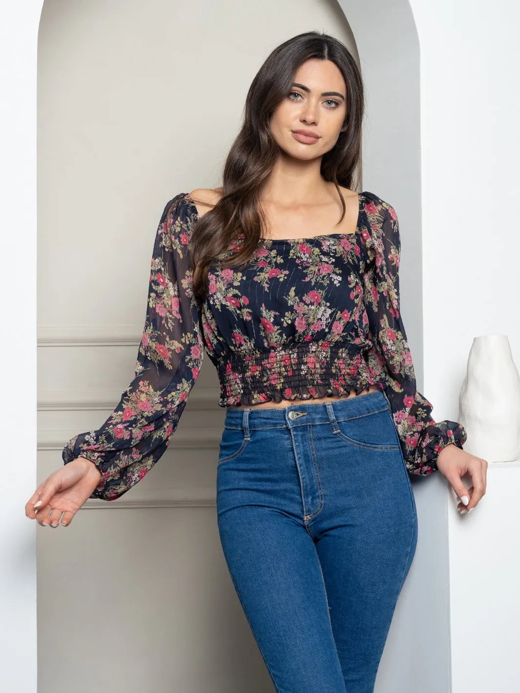 WOMEN'S LONG SLEEVE SMOCK FLORAL TOP
