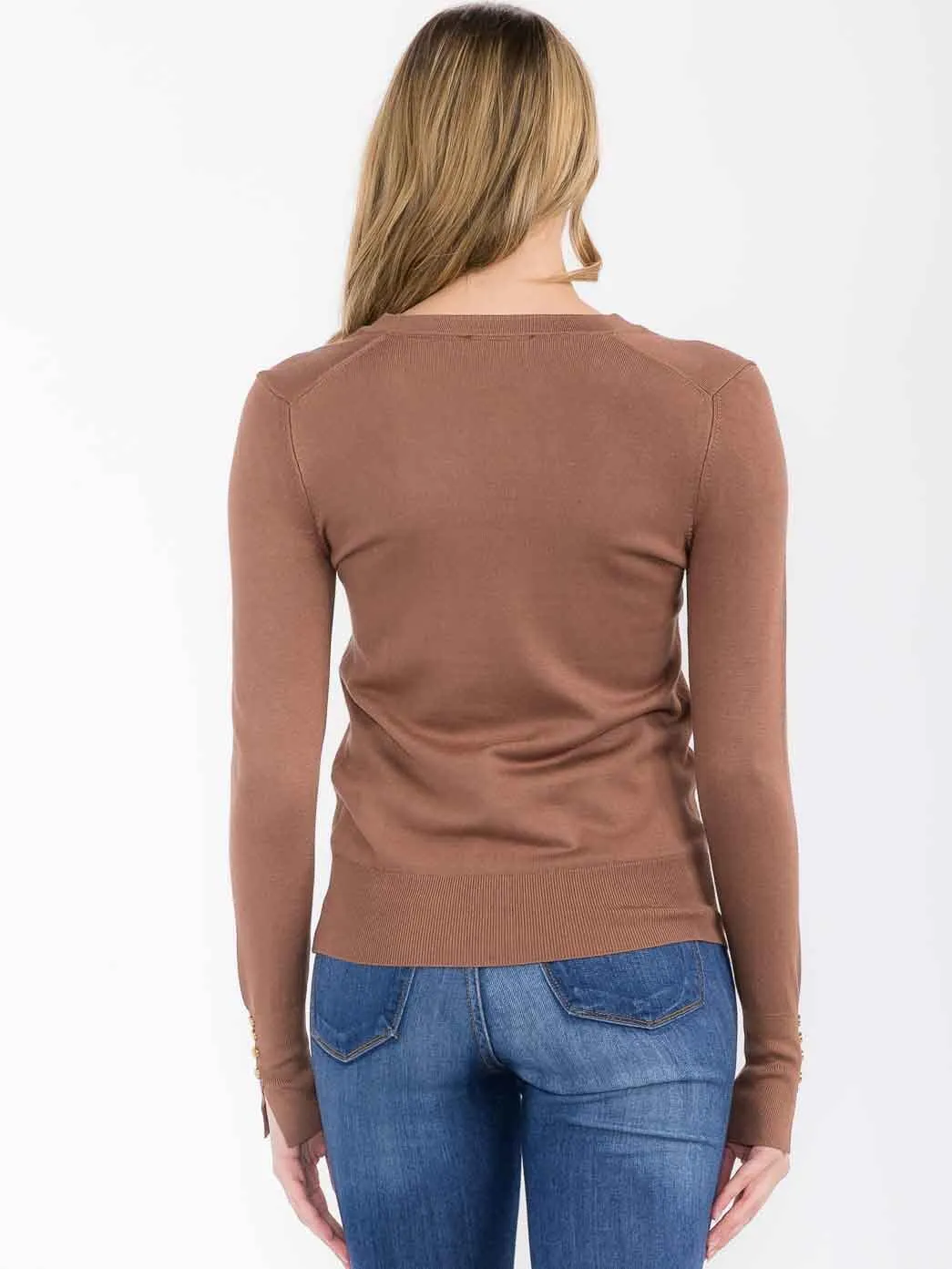 WOMEN'S LONG SLEEVE V-NECK BUTTON DETAILED TOP