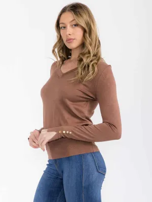 WOMEN'S LONG SLEEVE V-NECK BUTTON DETAILED TOP