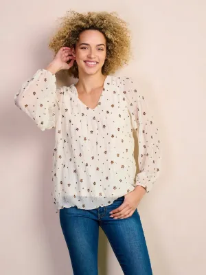 WOMEN'S LONG SLEEVE V-NECK RUCHED FLOWER PRINT BLOUSE TOP