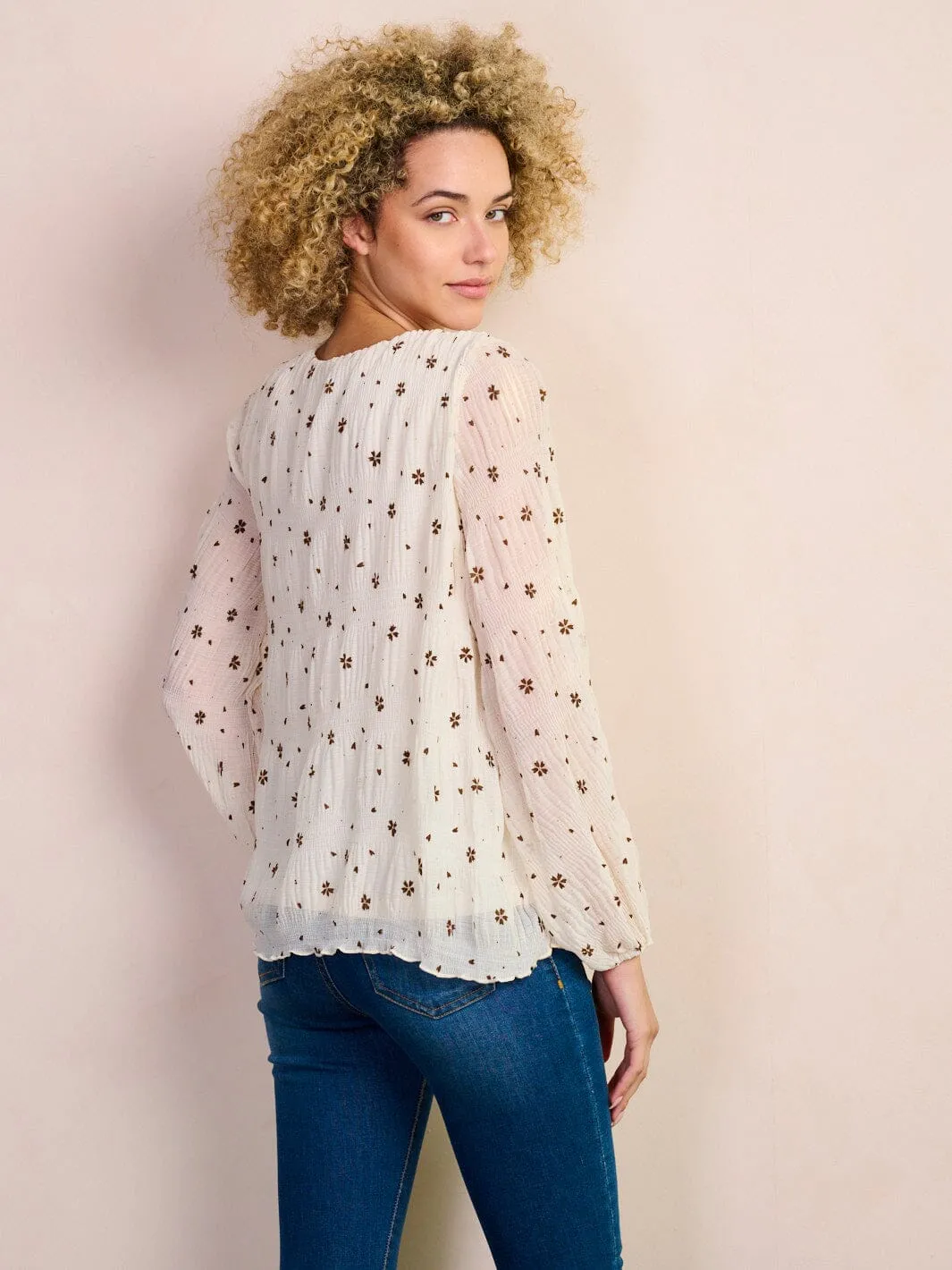 WOMEN'S LONG SLEEVE V-NECK RUCHED FLOWER PRINT BLOUSE TOP