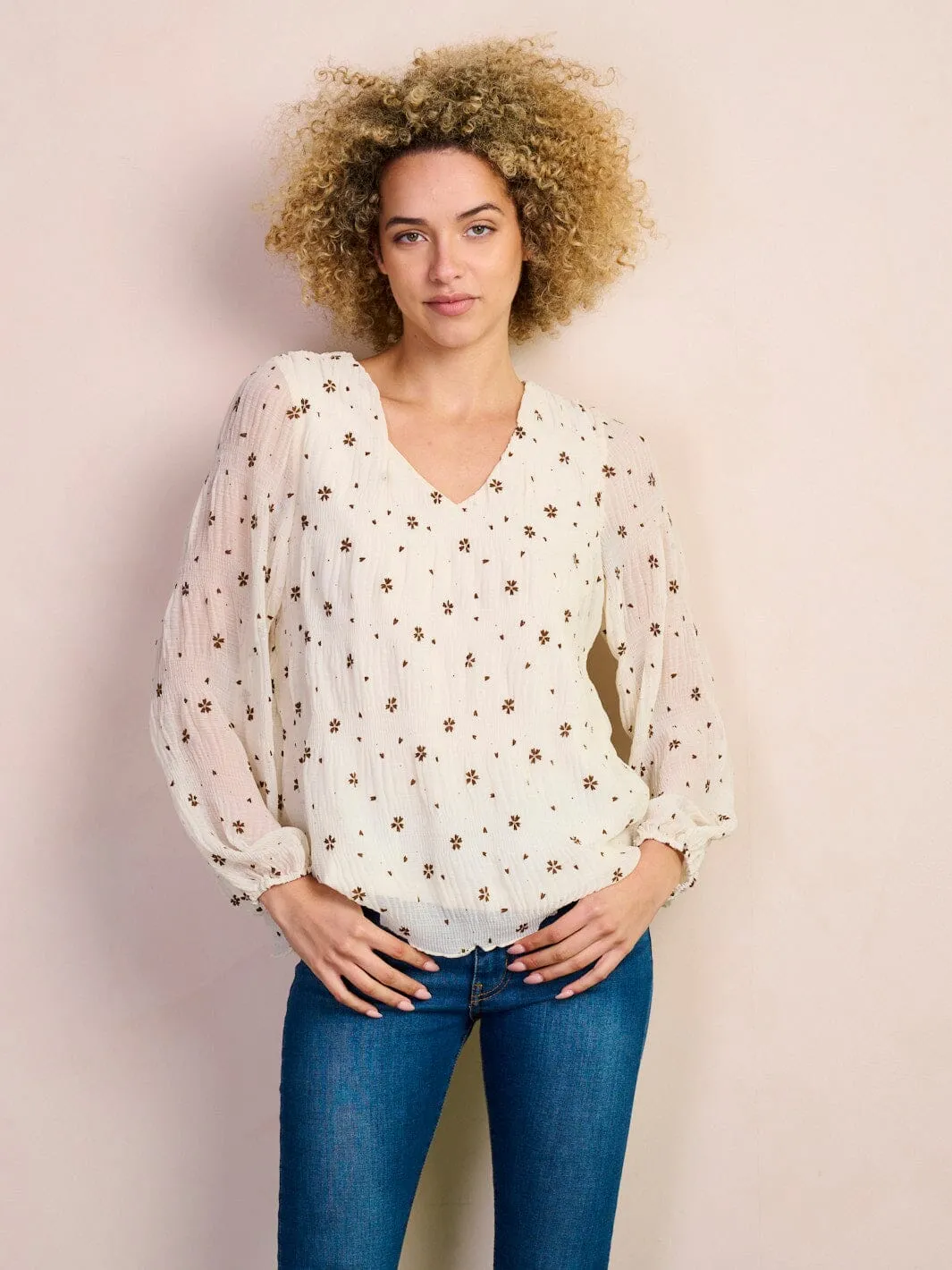 WOMEN'S LONG SLEEVE V-NECK RUCHED FLOWER PRINT BLOUSE TOP
