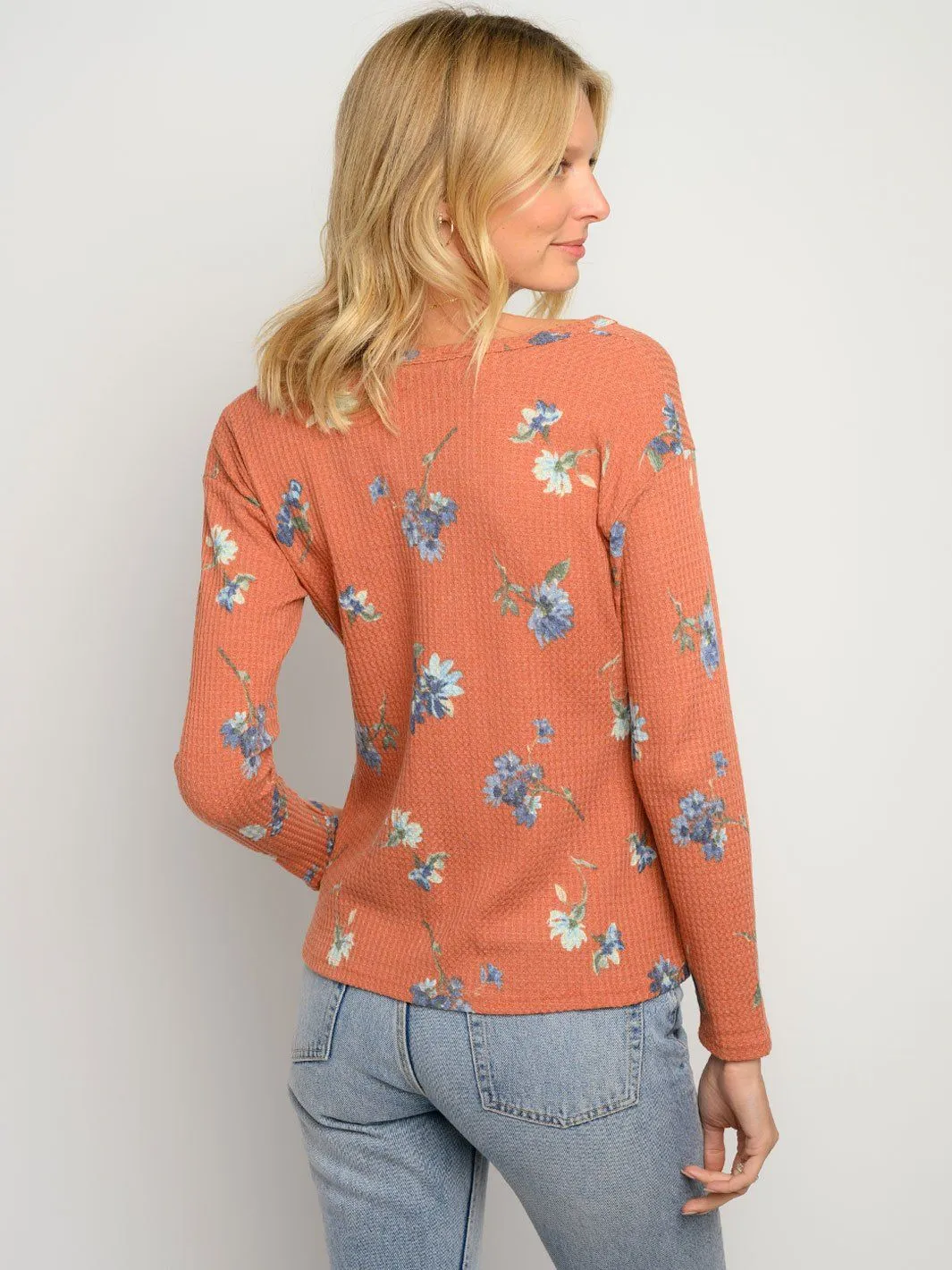 WOMEN'S LONG SLEEVES FLORAL FRONT KNOT TOP