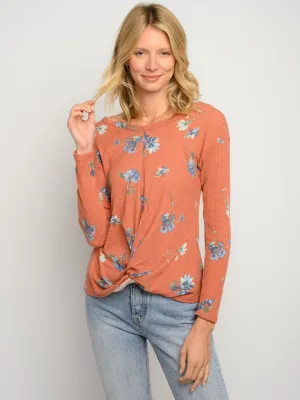 WOMEN'S LONG SLEEVES FLORAL FRONT KNOT TOP