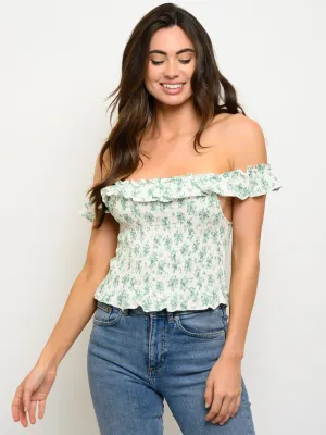 WOMEN'S OFF SHOULDER RUFFLE SMOCKED WAIST TOP