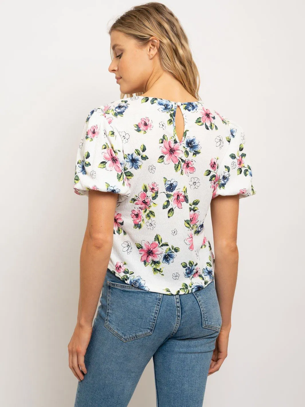 WOMEN'S PUFFED SLEEVES CREW NECK FLORAL TOP