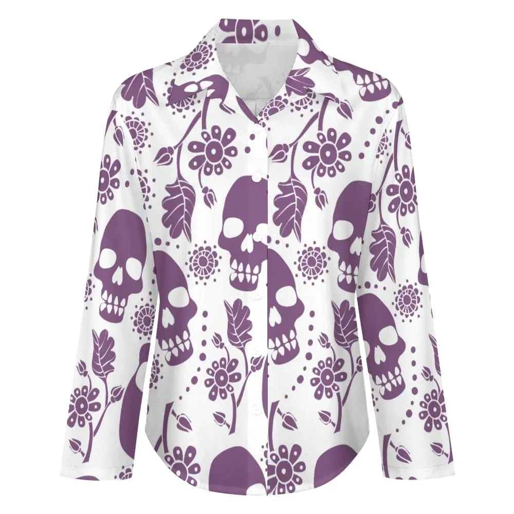 Women's Purple Skull Floral Long Sleeve Blouse