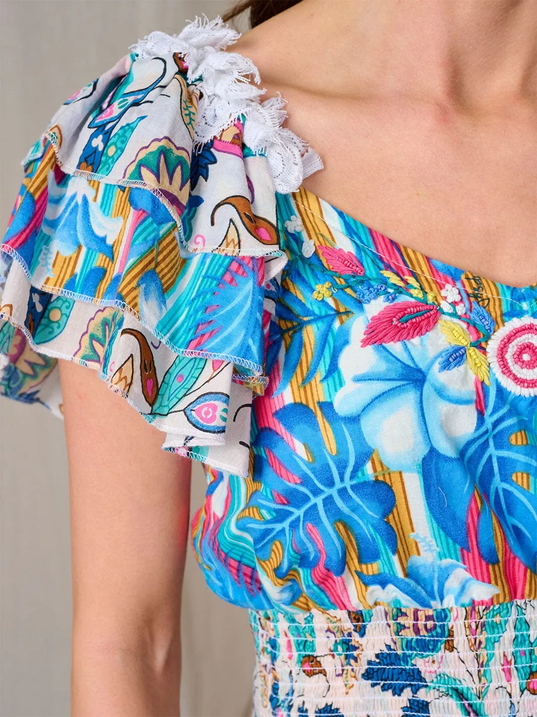 WOMEN'S SHORT RUFFLE SLEEVE SMOCK EMBROIDERY FLORAL TOP