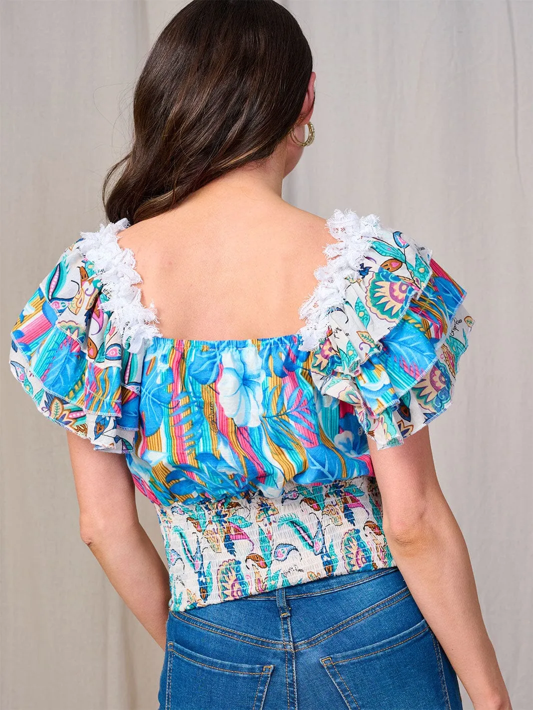 WOMEN'S SHORT RUFFLE SLEEVE SMOCK EMBROIDERY FLORAL TOP